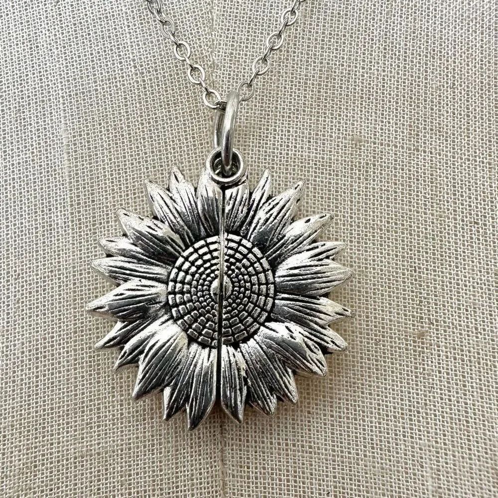 Silver tone you are my sunshine flower pendant necklace